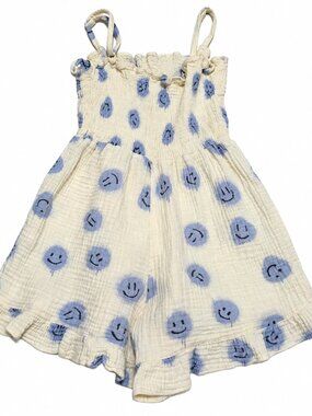 Molo Girls Smiley Face Print Romper Size 110/116 US 5-6 Cream Blue Smocked